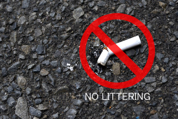istock Attention for no littering cigarette on street image 1299223237