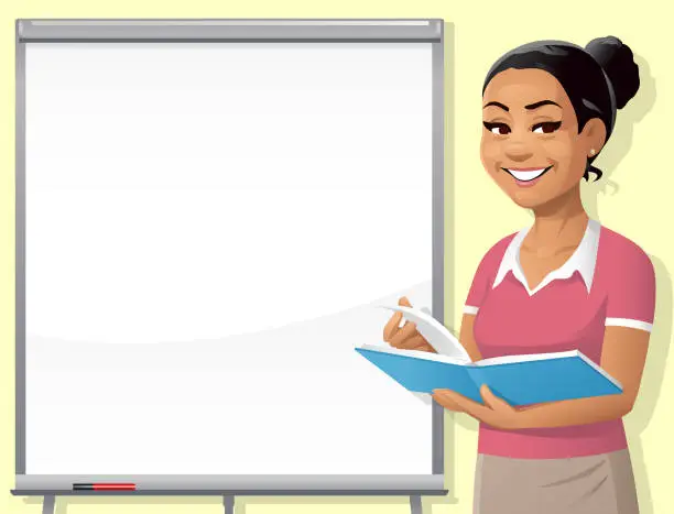 Vector illustration of Young Woman At Blank Whiteboard