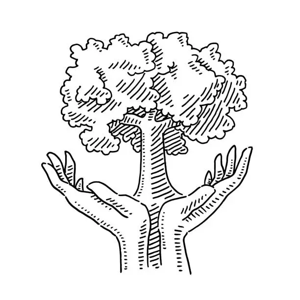 Vector illustration of Hands Care For Trees Symbol Drawing
