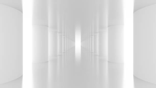 Futuristic empty white corridor with columns and bright light stock photo