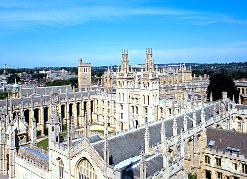 Elevated view of All Souls College (The Warden and the College of the Souls of all Faithful People deceased in the University of Oxford), Oxford, UK.