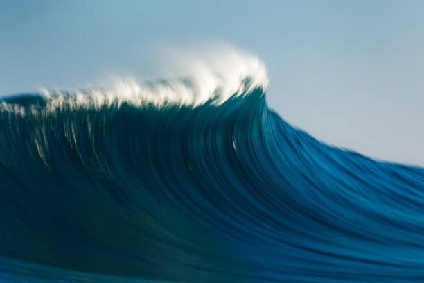 istock Large blue idyllic wave breaking in the open ocean on a sunny day 1299227918
