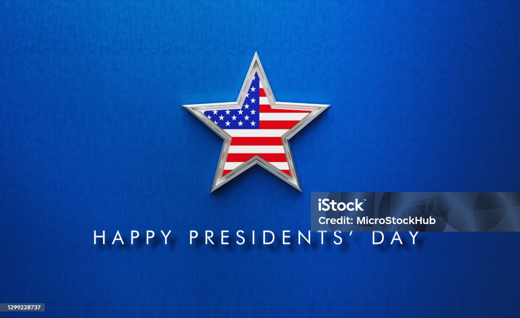 President's Day Concept - Happy President's Day Message Below A Silver Star Textured With American Flag On Blue Background Happy President's Day message written below a silver star textured with American flag on blue background. Horizontal composition with copy space. Directly above. USA President's Day concept. Presidents Day Stock Photo