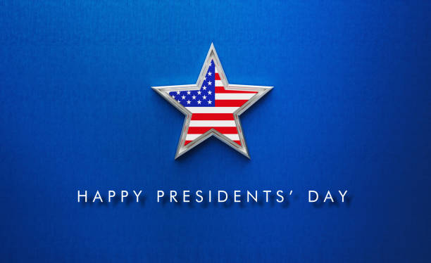 President's Day Concept - Happy President's Day Message Below A Silver Star Textured With American Flag On Blue Background Happy President's Day message written below a silver star textured with American flag on blue background. Horizontal composition with copy space. Directly above. USA President's Day concept. presidents day weekend stock pictures, royalty-free photos & images