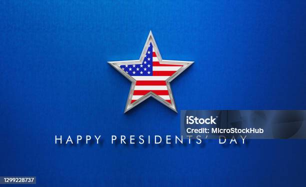 Presidents Day Concept Happy Presidents Day Message Below A Silver Star Textured With American Flag On Blue Background Stock Photo - Download Image Now
