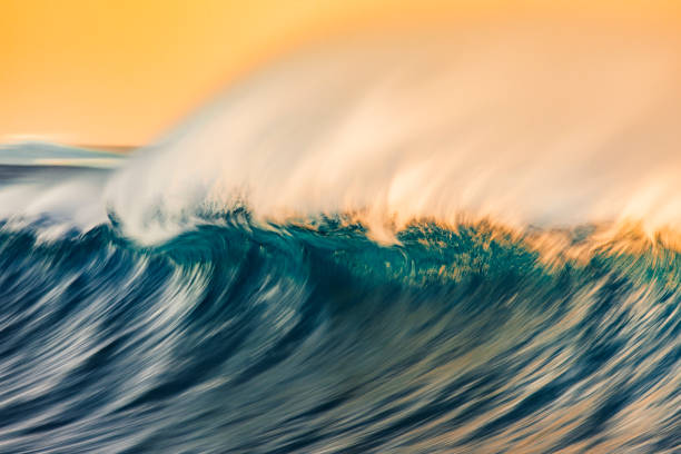istock Cresting wave breaking with strong wind spray in the golden morning light 1299229172