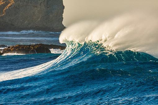 Cresting wave breaking with strong wind spray in the golden morning light