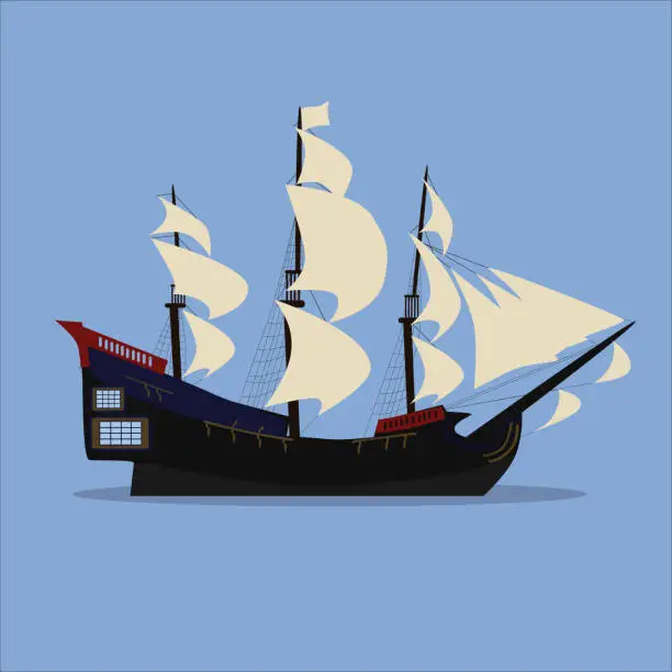 Vector illustration of Old sailing ship in the sea. Vector. Modern and flat style. Pirate Ship.