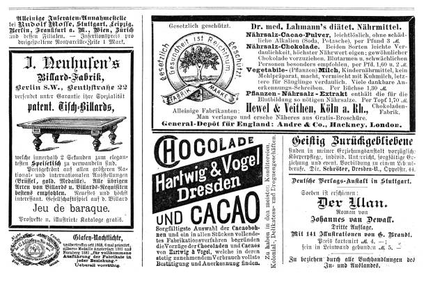 ilustrações de stock, clip art, desenhos animados e ícones de advertising sheet in a german magazin 1889 - bilhar desporto com taco ilustrações