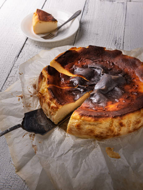 istock Close-up of cut basque burnt cheesecake with serving spatula 1299230467