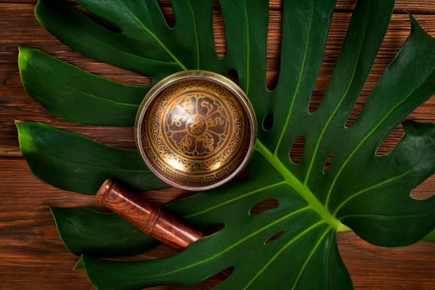 Tibetan singing bowl on a monstera leaf Tibetan singing bowl. Tibetian inscription - mantra "Om mani padme hum"(Om is a sacred syllable. Mani means "jewel", Padme is the "lotus flower", and Hum represents spirit of enlighment) mantra stock pictures, royalty-free photos & images