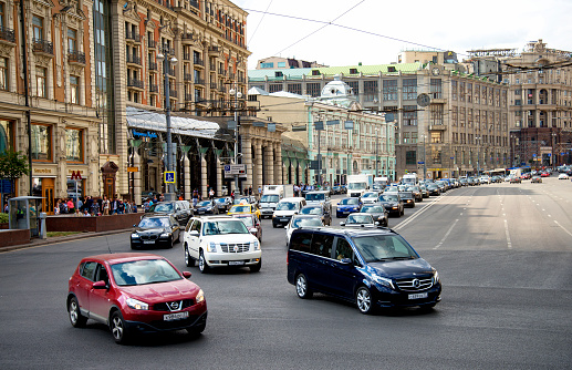 Moscow, Russia - August 28th 2015: Rush hour in downtown Moscow, Russia.