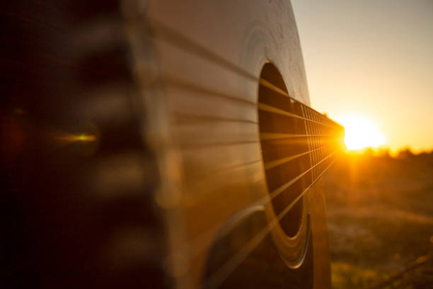 jouer de la guitare pendant le coucher du soleil avec des amis. - country music photos et images de collection