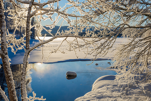 Wiev trough a frame of frosty branches on a blues sky and sun reflecting in the water, picture from Vasternorrland Sweden.