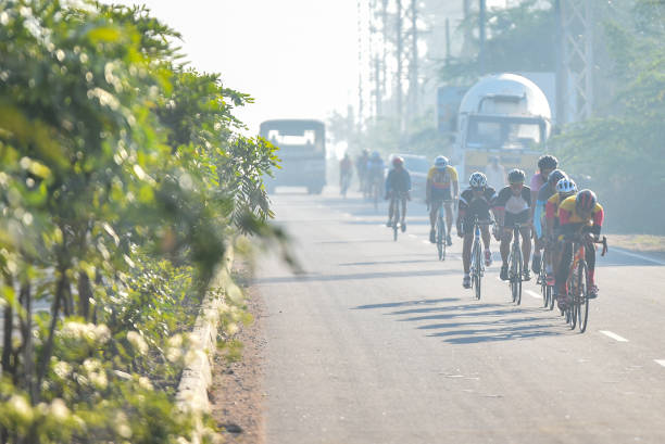 Bicycle Riders organize a race among themselves on a winter morning in Hyderabad in December 2020. Hyderabad Bike Riders usually organize cycle race in between Gandipet and Shankarpally in Hyderabad,telangana. sports photography stock pictures, royalty-free photos & images
