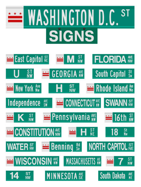 Washington DC Streets Signs Vector illustration of the famous Washington D.C. streets and avenues road signs connecticut stock illustrations