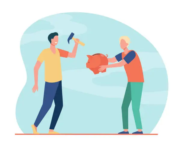 Vector illustration of Two guys breaking piggybank with hammer