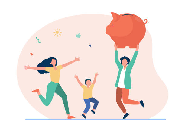 Happy family jumping with huge piggybank Happy family jumping with huge piggybank. Cash, parent, wealth flat vector illustration. Finance and savings concept for banner, website design or landing web page landing touching down stock illustrations