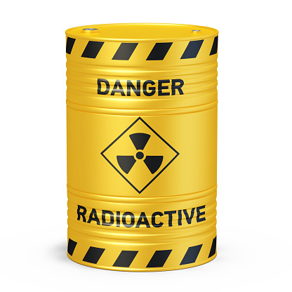 Radioactive waste yellow barrels with radioactive symbol 3d rendering isolated illustration