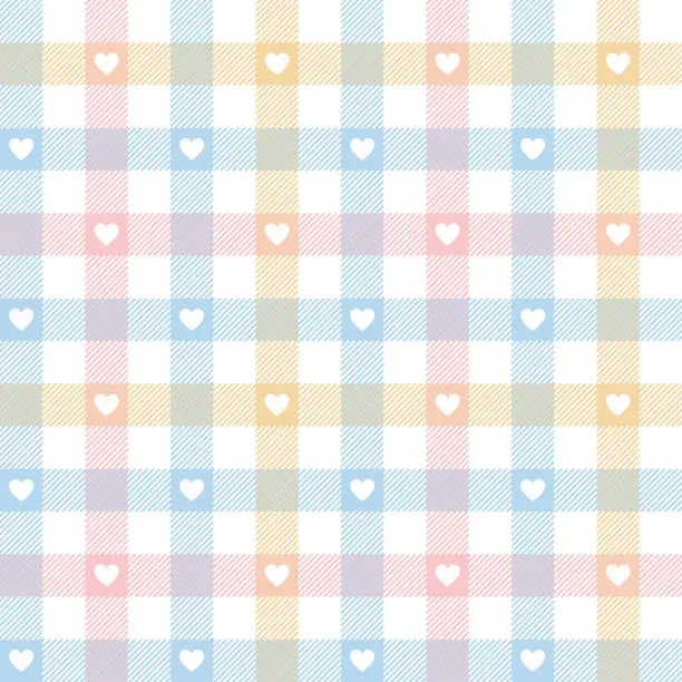 Vector illustration of Gingham pattern with hearts in pastel blue, pink, orange yellow, white for spring and summer gift wrapping, picnic tablecloth, dress, or other modern Easter and Valentines Day fabric design.