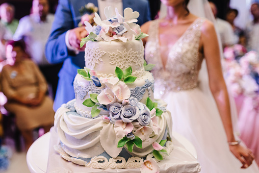 The bride and groom cut a gorgeous wedding cake at a banquet.