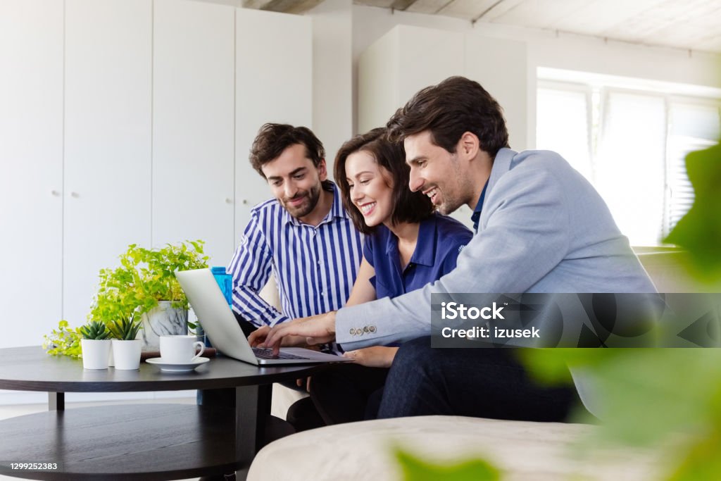 Business team discussing project on laptop Mid adult women and men sitting on sofa in the creative eco-friendly workplace, using laptop during video conference. Modern Stock Photo