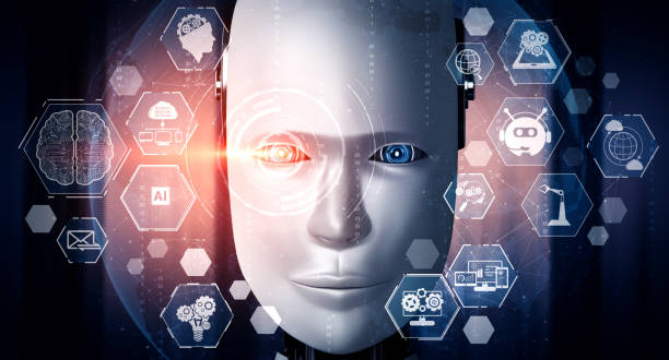 istock Robot humanoid face close up with graphic concept of AI thinking brain 1299252455