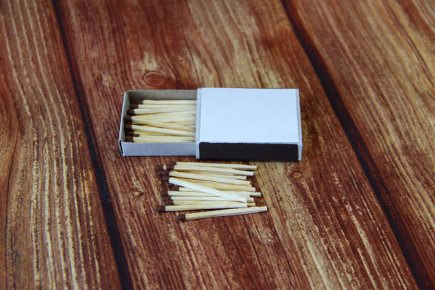 istock Matchbox and matches on wooden background, with copy space 1299253357