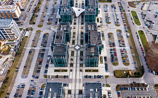 Aerial view of Belgrade cityscape with a modern business buildings.