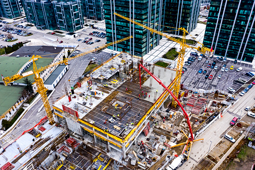 Building with cranes.Drone photo. Areal shoot of the city construction site