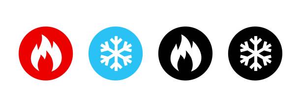 Set of heating and cooling icons. Hot and cold icon. Fire and snowflake sign. Heating and cooling button. Vector EPS 10. Isolated on white background Set of heating and cooling icons. Hot and cold icon. Fire and snowflake sign. Heating and cooling button. Vector EPS 10. Isolated on white background keeping cool stock illustrations