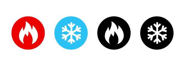 Set of heating and cooling icons. Hot and cold icon. Fire and snowflake sign. Heating and cooling button. Vector EPS 10. Isolated on white background Set of heating and cooling icons. Hot and cold icon. Fire and snowflake sign. Heating and cooling button. Vector EPS 10. Isolated on white background cool climate stock illustrations