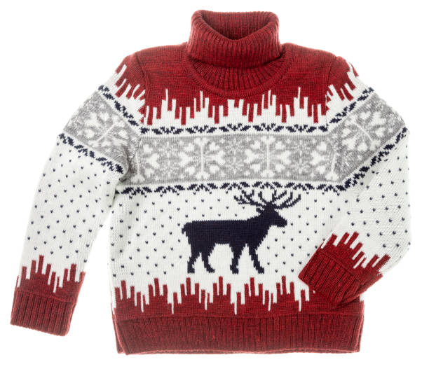 Kids warm Christmas turtleneck sweater isolated on white Children's knitted warm seasonal Christmas turtleneck jumper aka Ugly sweater with deer and snowflake ornament isolated on white background mock turtleneck stock pictures, royalty-free photos & images