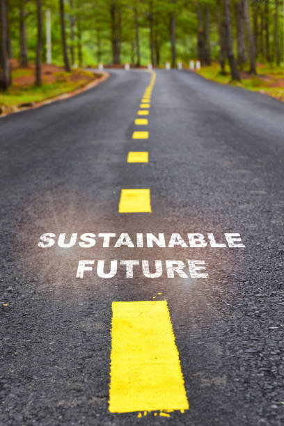 istock Sustainable future word on asphalt road surface with marking lines 1299254952