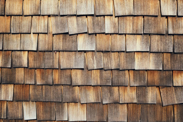 istock close up of brown shingles Texture 1299256478