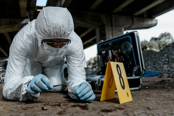 forensic scientist at work - coroner imagens e fotografias de stock