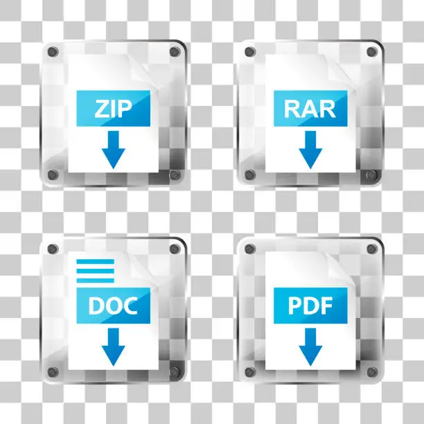 Vector illustration of set of glass rar, zip, doc and pdf download icons on a squared b