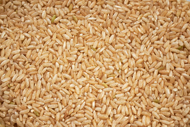 la consistenza dei chicchi di riso naturali. un'alimentazione sana. modello, primo-up, macro - brown rice rice healthy eating organic foto e immagini stock