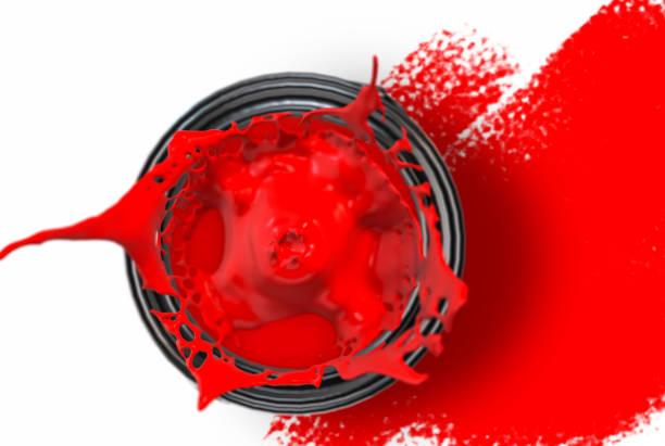 Looking straight down onto a vibrant tin of red paint splashing over the floor 3d render