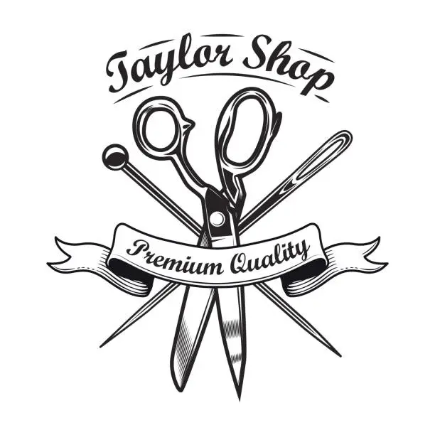 Vector illustration of Black sewing tools emblem template for handmade store