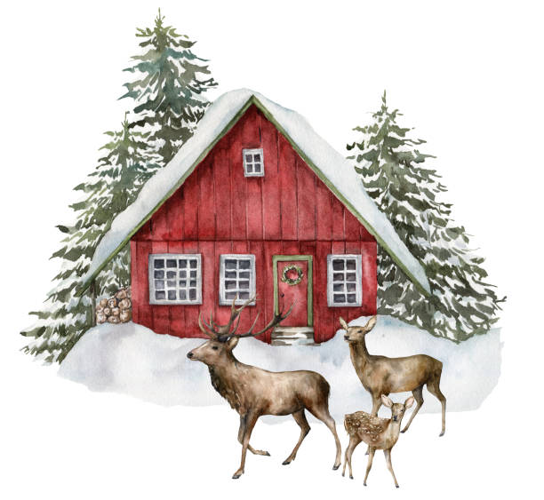 ilustrações de stock, clip art, desenhos animados e ícones de watercolor christmas card with red house and deers in winter forest. hand painted illustration with abstract fir trees and snow isolated on white background. holiday card for design, print, fabric, background. - christmas tree snow fir tree isolated