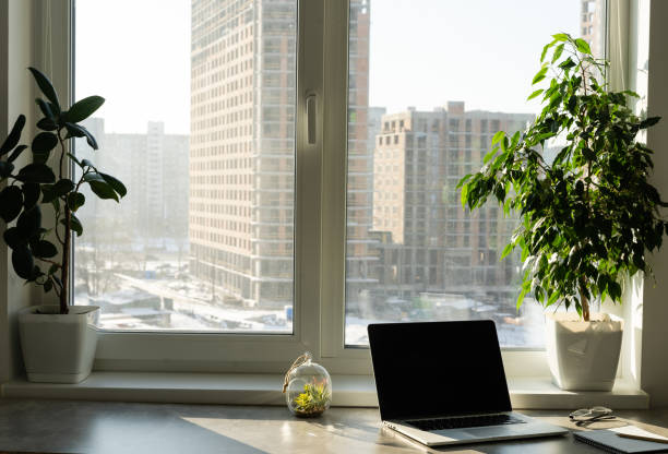 istock Still life view of office room with open laptop computer on desk with reflections by bright window, office interior. Professional workplace technology indoors. 1299263140