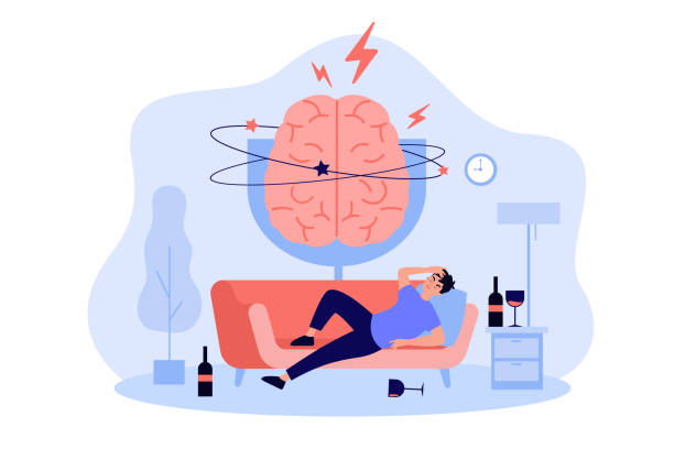 Person sleeping on couch among glasses and bottles of liquor Person sleeping on couch among glasses and bottles of liquor, feeling headache and hangover. Painful brain of drunk man. Vector illustration for booze problems, alcohol addiction, drunkard concept day drinking stock illustrations