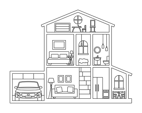 Illustration for coloring book - Cross section of cottage house with furniture, attic and car in garage. Inside paper house - contour black and white picture, coloring game
