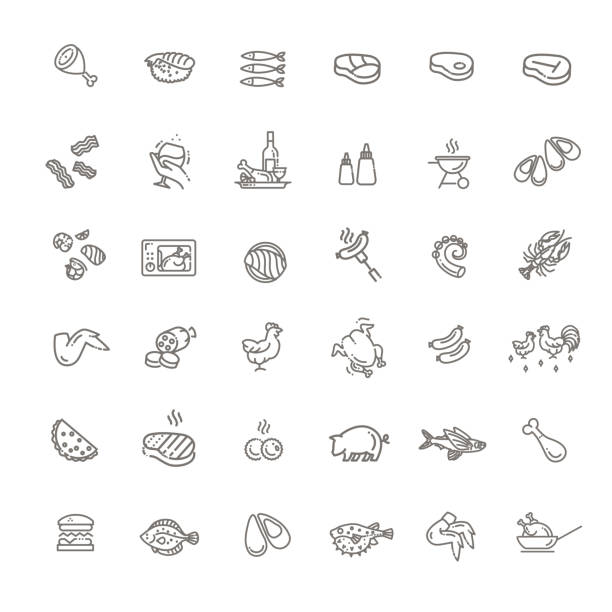 ilustrações de stock, clip art, desenhos animados e ícones de simple set of meat related vector line icons. - pig pork meat barbecue