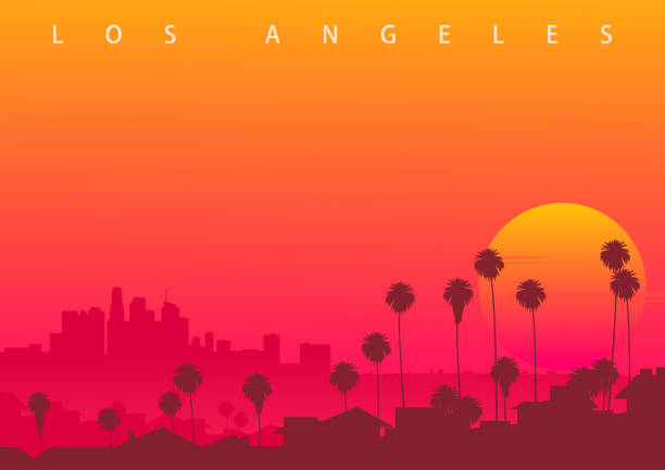 ロサンゼルスのスカイライン、カリフォルニア州、アメリカ合衆国。laのダウンタウンに夕日を持つ象徴的なイラスト。(元の派生画像ではない) - 夕日点のイラスト素材／クリップアート素材／マンガ素材／アイコン素材
