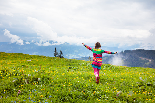 Children hiking in Alps mountains. Kids look at snow covered mountain in Austria. Spring family vacation. Little girl on hike trail in blooming alpine meadow. Outdoor fun and healthy activity.