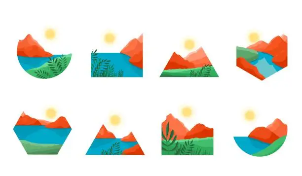 Vector illustration of Natural modern landscape. Landscapes shapes, abstract art mountain. Aesthetic boho sunset, japan minimal graphic panorama recent vector set