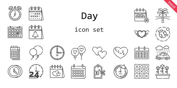 day icon set. line icon style. day related icons such as calendar, rain, balloon, balloons, broken heart, clock, heart, environment, tulips, 24 hours, price, tic tac toe, beach, time, valentines day, day icon set. line icon style. day related icons such as calendar, rain, balloon, balloons, broken heart, clock, heart, environment, tulips, 24 hours, price, tic tac toe, beach, time, valentines day, may 24 calendar stock illustrations