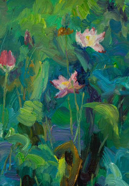 lotus oil painting - lily pad bloom imagens e fotografias de stock